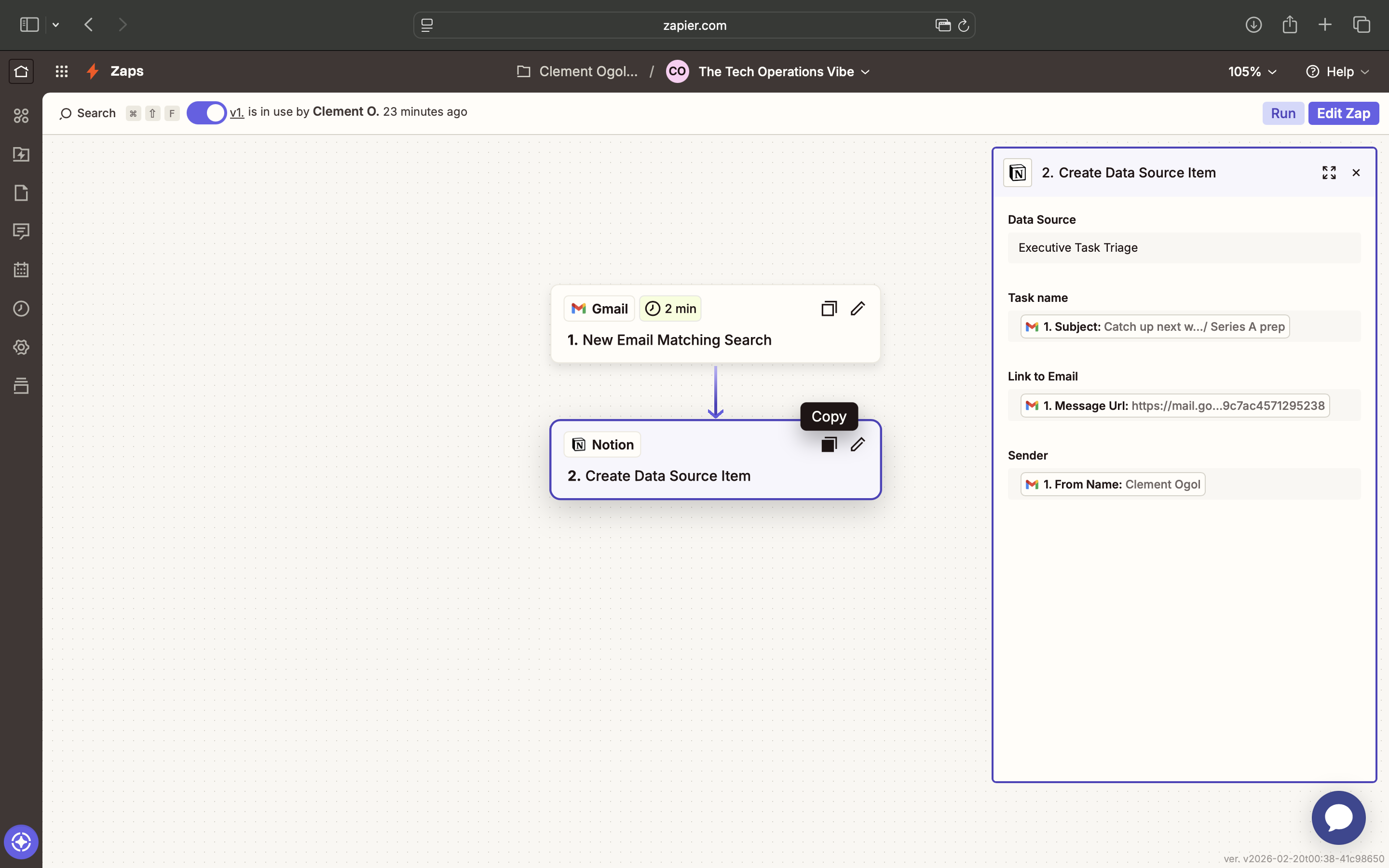 Notion Executive Task Triage Dashboard showing high priority emails populated automatically